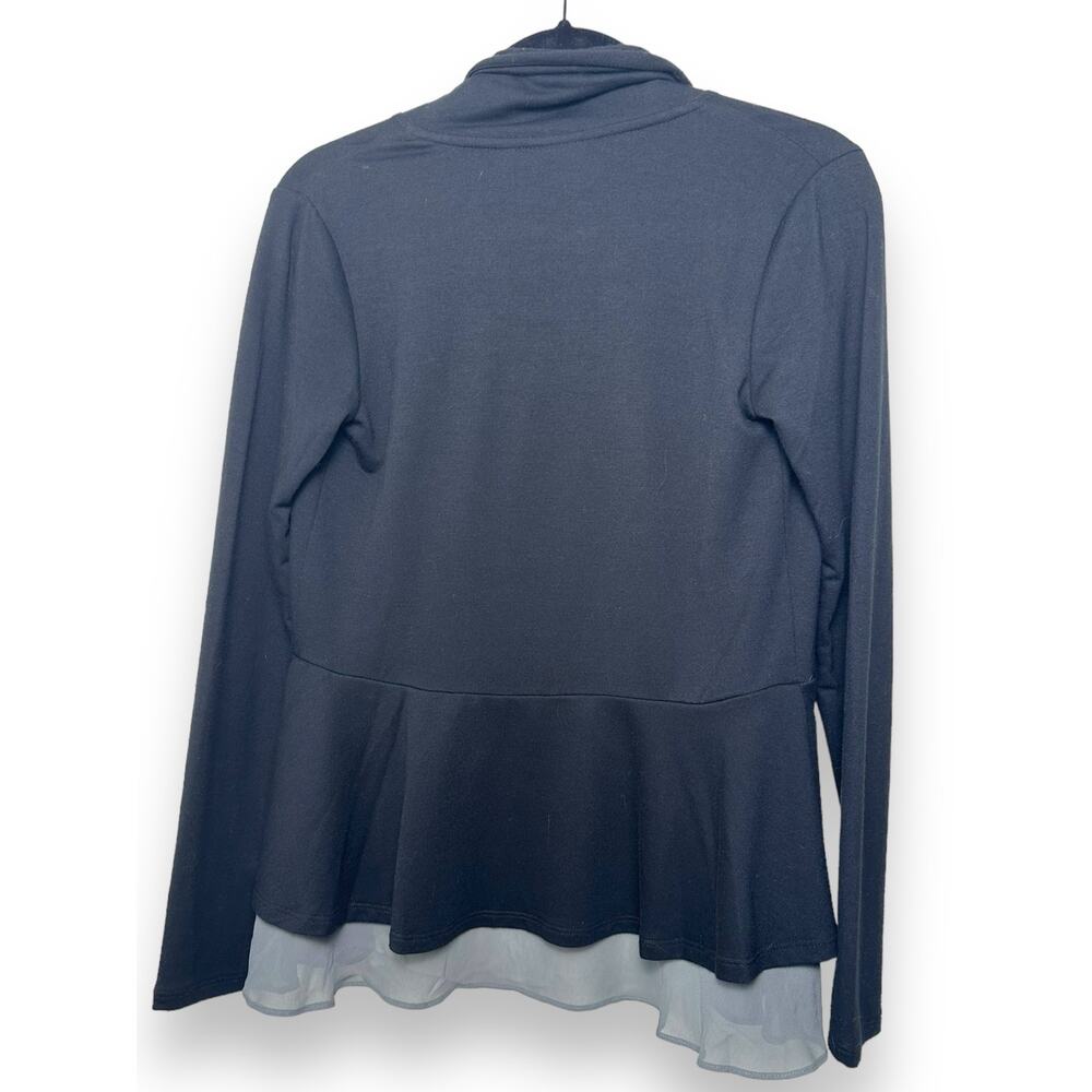 LOGO Lori Goldstein Layered Hem Cardigan XS Black Gray Chiffon Trim - Picture 2 of 3